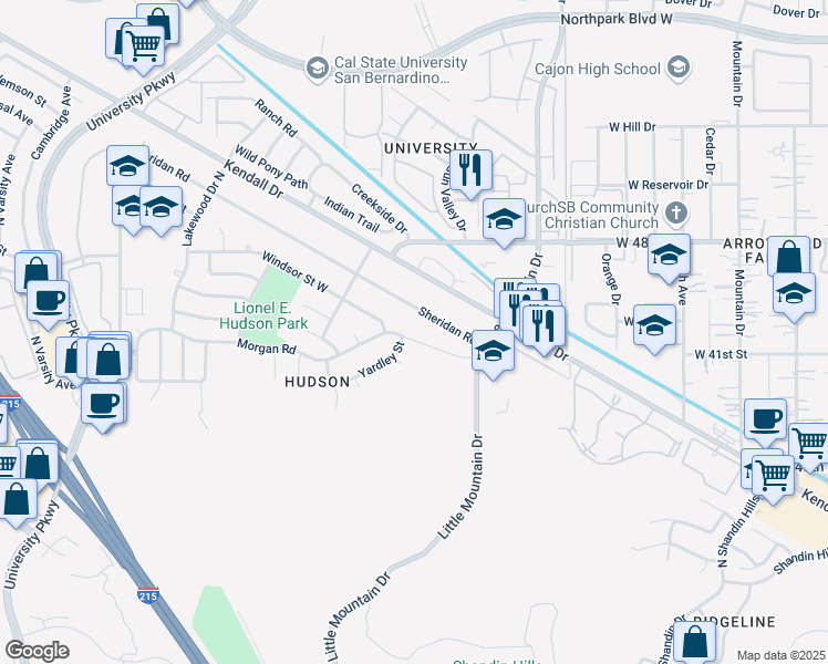 map of restaurants, bars, coffee shops, grocery stores, and more near 1446 Morgan Road in San Bernardino