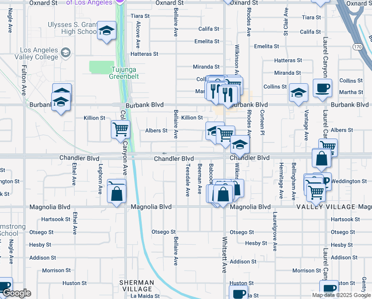 map of restaurants, bars, coffee shops, grocery stores, and more near 12641 Chandler Boulevard in Los Angeles