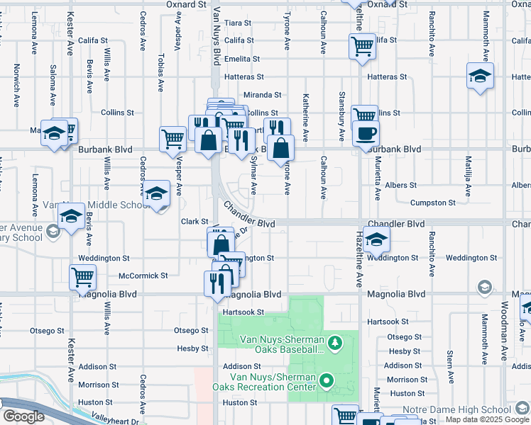 map of restaurants, bars, coffee shops, grocery stores, and more near 14341 Lennox Avenue in Los Angeles
