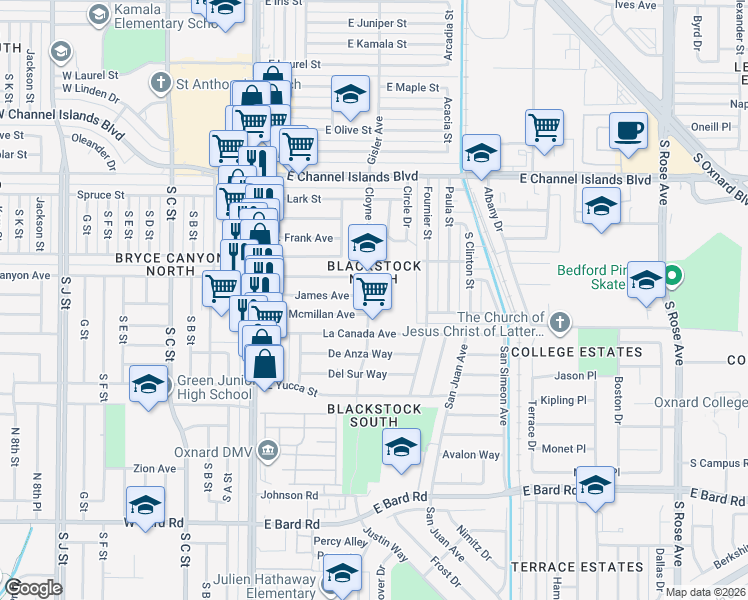 map of restaurants, bars, coffee shops, grocery stores, and more near 2235 Cloyne Street in Oxnard