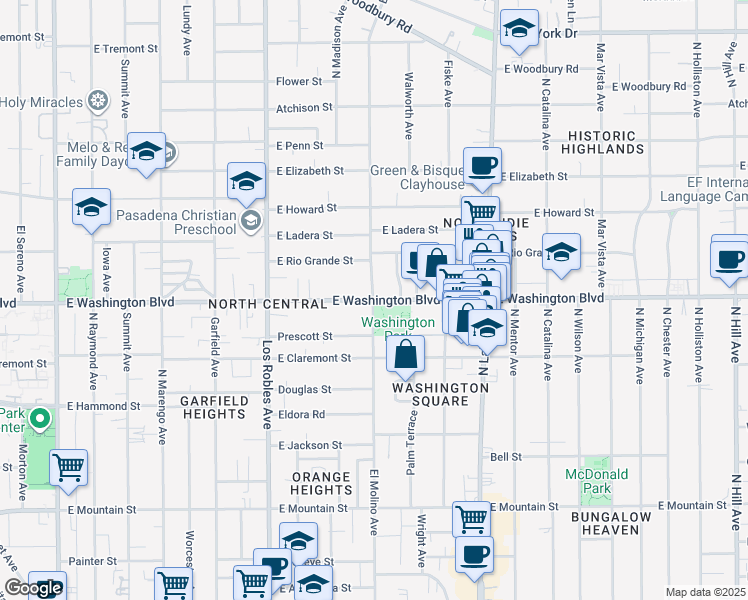 map of restaurants, bars, coffee shops, grocery stores, and more near E Washington Blvd & N El Molino Ave in Pasadena