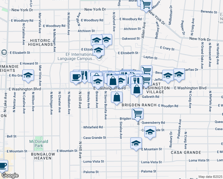 map of restaurants, bars, coffee shops, grocery stores, and more near 1624 East Washington Boulevard in Pasadena