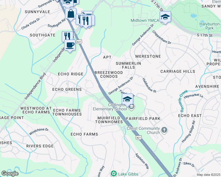 map of restaurants, bars, coffee shops, grocery stores, and more near 4162 Breezewood Drive in Wilmington