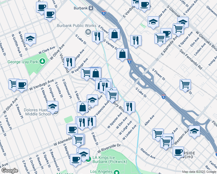 map of restaurants, bars, coffee shops, grocery stores, and more near 260 West Elmwood Avenue in Burbank