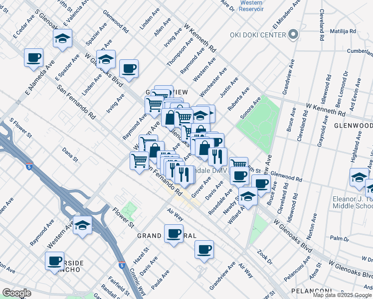 map of restaurants, bars, coffee shops, grocery stores, and more near 1540 West Glenoaks Boulevard in Glendale
