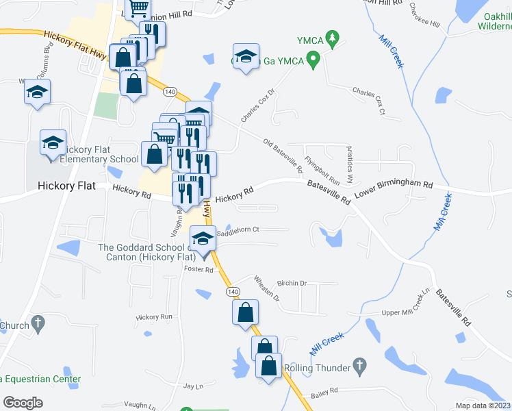 map of restaurants, bars, coffee shops, grocery stores, and more near 124 Hickory Village Circle in Woodstock