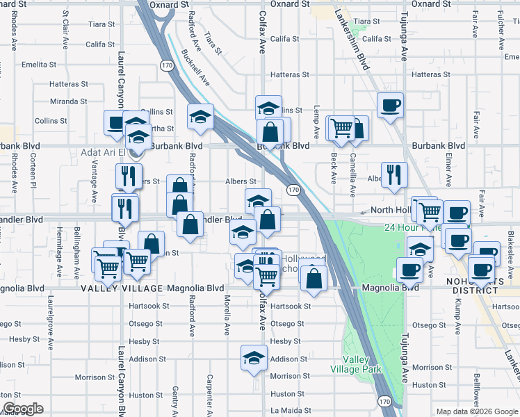map of restaurants, bars, coffee shops, grocery stores, and more near 11688 Chandler Boulevard in Los Angeles