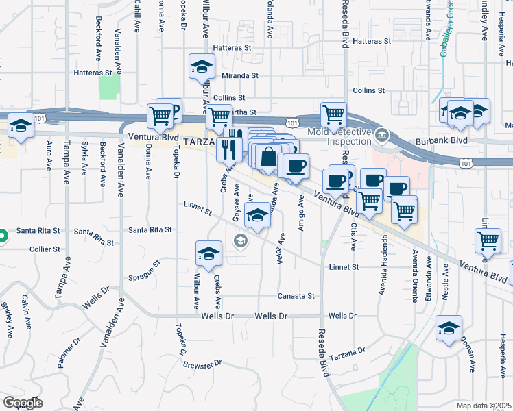 map of restaurants, bars, coffee shops, grocery stores, and more near 5400 Rhea Avenue in Los Angeles