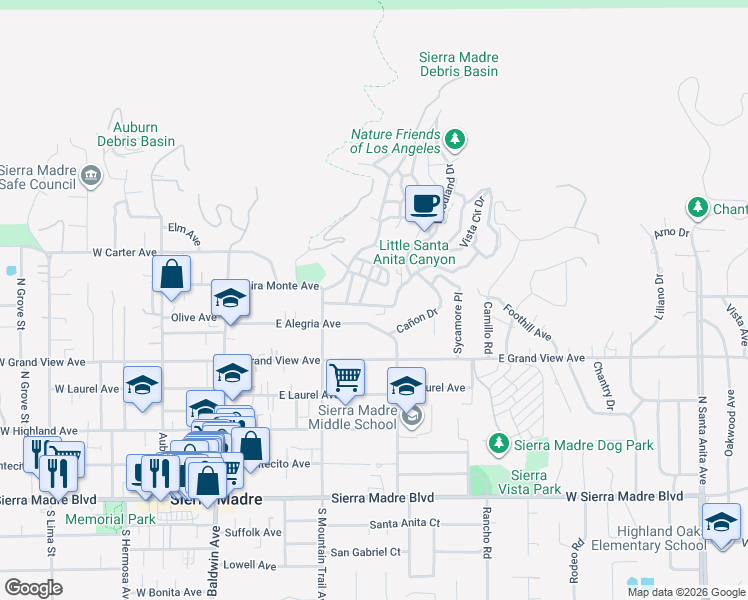 map of restaurants, bars, coffee shops, grocery stores, and more near 331 East Alegria Avenue in Sierra Madre