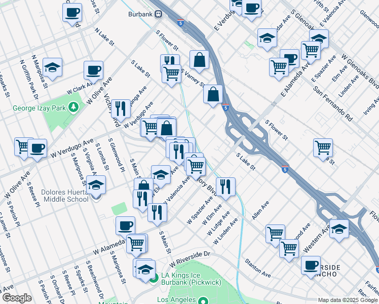 map of restaurants, bars, coffee shops, grocery stores, and more near 260 West Elmwood Avenue in Burbank