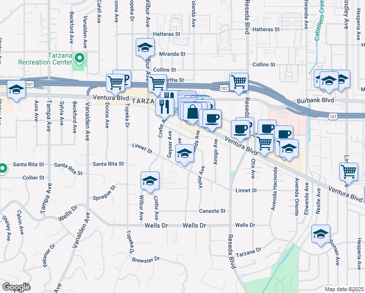 map of restaurants, bars, coffee shops, grocery stores, and more near 5400 Rhea Avenue in Los Angeles