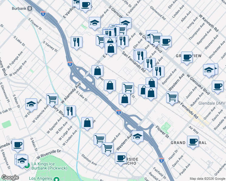 map of restaurants, bars, coffee shops, grocery stores, and more near 122 West Linden Court in Burbank