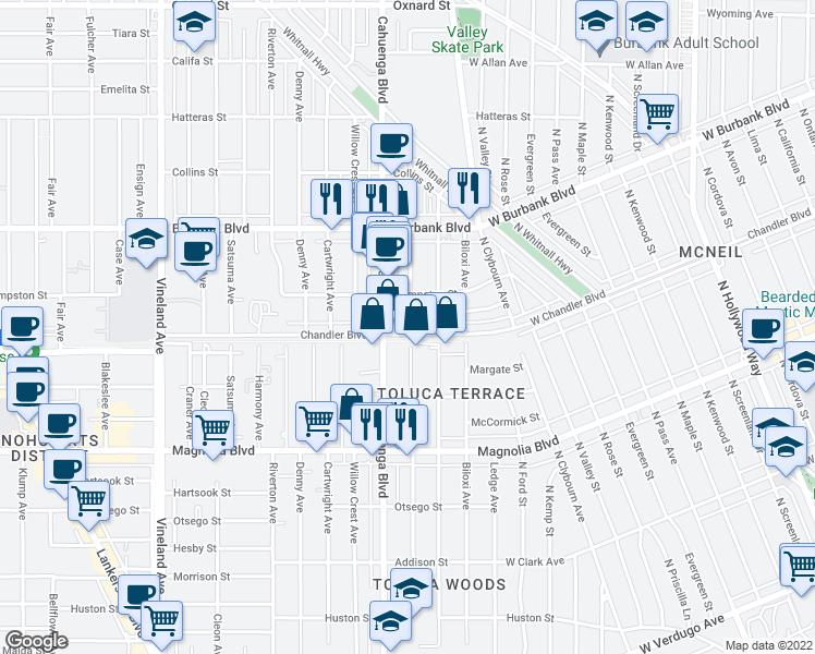 map of restaurants, bars, coffee shops, grocery stores, and more near 5407 Auckland Avenue in Los Angeles