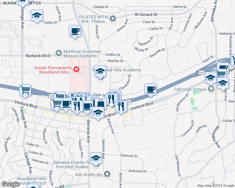 map of restaurants, bars, coffee shops, grocery stores, and more near 20751 Clark Street in Los Angeles