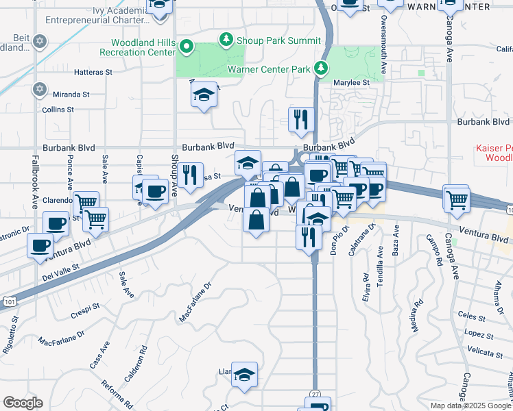 map of restaurants, bars, coffee shops, grocery stores, and more near 22140 Ventura Boulevard in Los Angeles