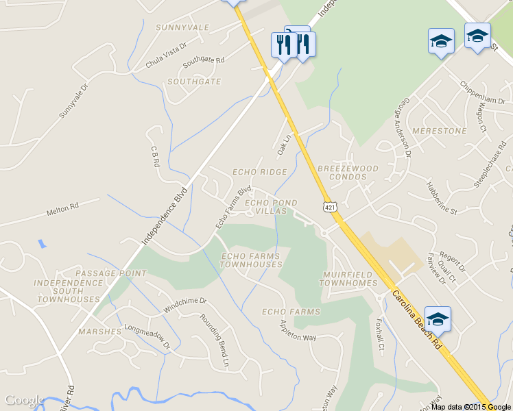 map of restaurants, bars, coffee shops, grocery stores, and more near 4026 Echo Farms Boulevard in Wilmington