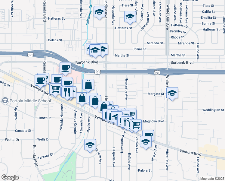 map of restaurants, bars, coffee shops, grocery stores, and more near 5412 Lindley Avenue in Los Angeles