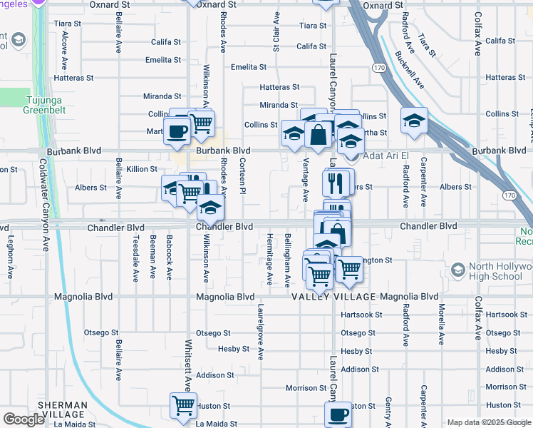 map of restaurants, bars, coffee shops, grocery stores, and more near 5405 Hermitage Avenue in Los Angeles