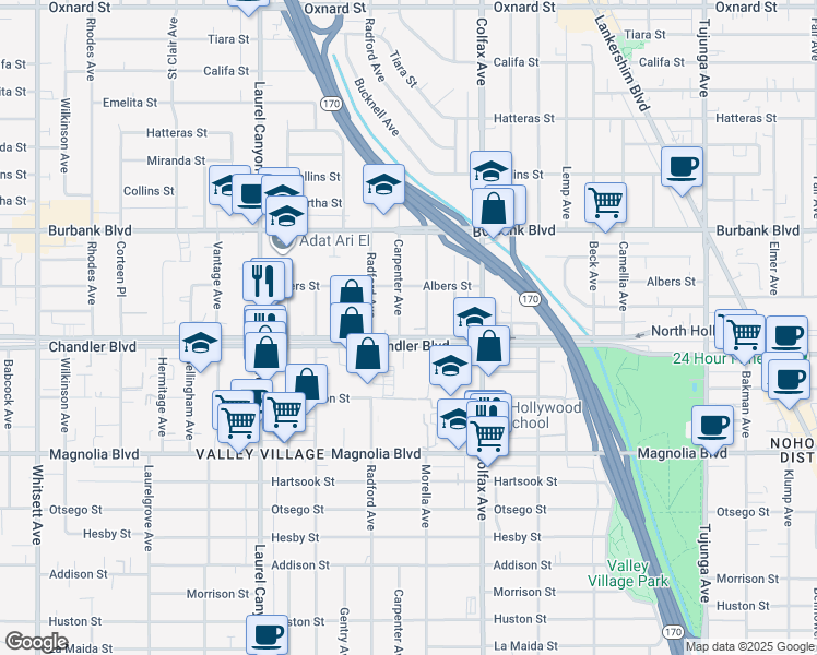map of restaurants, bars, coffee shops, grocery stores, and more near 5408 Carpenter Avenue in Los Angeles