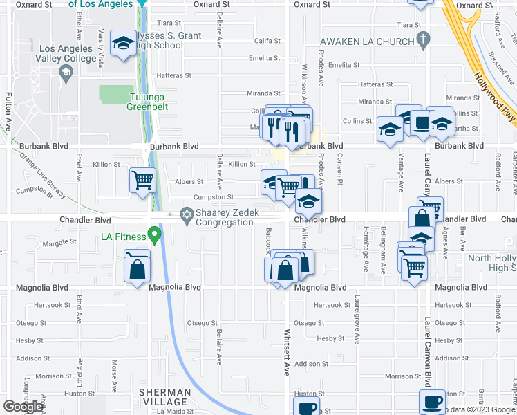 map of restaurants, bars, coffee shops, grocery stores, and more near 12553 Chandler Boulevard in Los Angeles