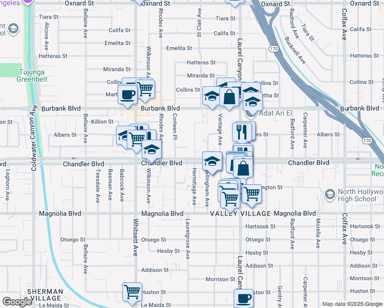 map of restaurants, bars, coffee shops, grocery stores, and more near 5405 Hermitage Avenue in Los Angeles