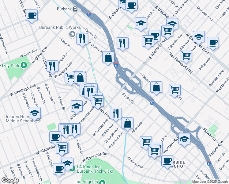 map of restaurants, bars, coffee shops, grocery stores, and more near 225 West Alameda Avenue in Burbank