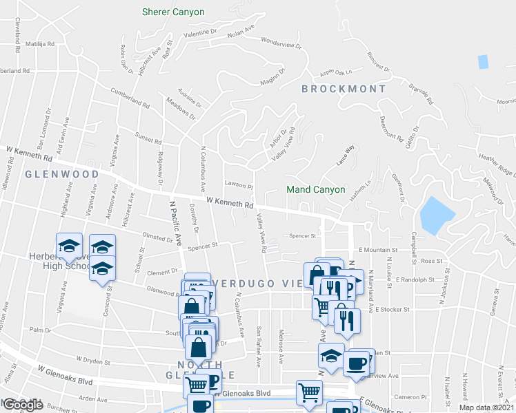 map of restaurants, bars, coffee shops, grocery stores, and more near West Kenneth Road in Glendale