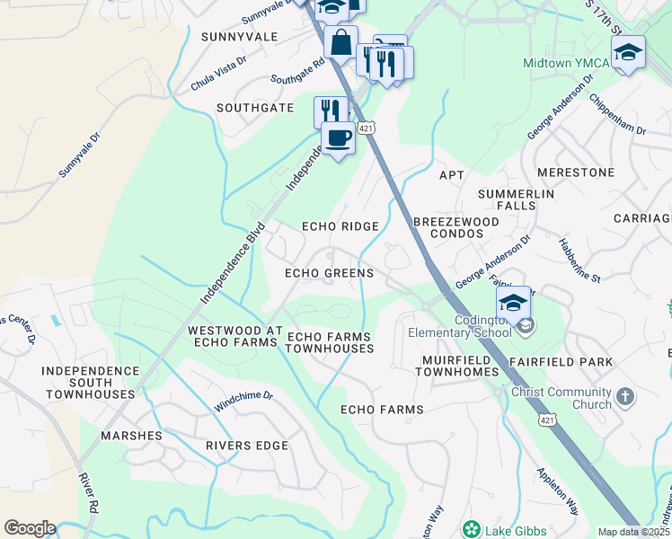 map of restaurants, bars, coffee shops, grocery stores, and more near 4026 Echo Farms Boulevard in Wilmington