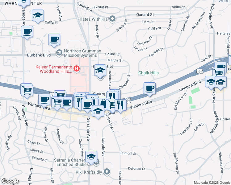 map of restaurants, bars, coffee shops, grocery stores, and more near 20740 Clark Street in Los Angeles
