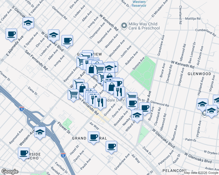 map of restaurants, bars, coffee shops, grocery stores, and more near 1520 West Glenoaks Boulevard in Glendale