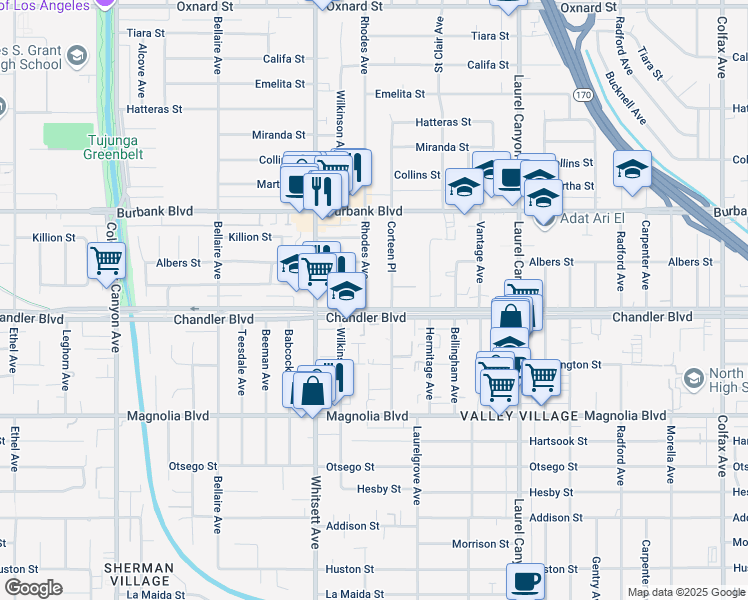 map of restaurants, bars, coffee shops, grocery stores, and more near 5410 Rhodes Avenue in Los Angeles