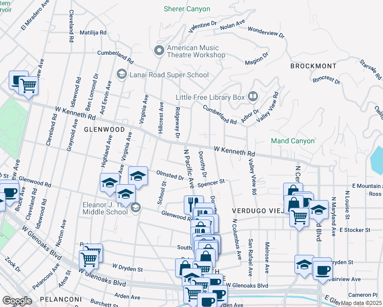 map of restaurants, bars, coffee shops, grocery stores, and more near 1460 North Pacific Avenue in Glendale