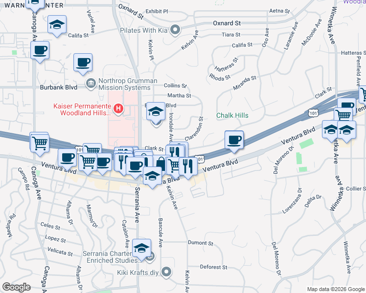 map of restaurants, bars, coffee shops, grocery stores, and more near 20751 Clark Street in Los Angeles