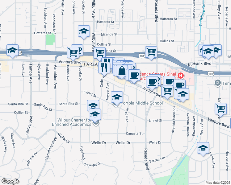map of restaurants, bars, coffee shops, grocery stores, and more near 5400 Rhea Avenue in Los Angeles