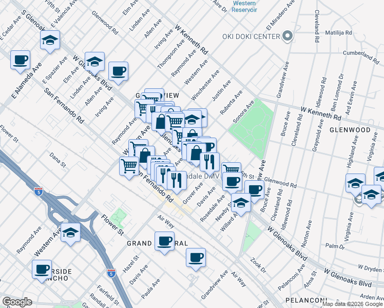 map of restaurants, bars, coffee shops, grocery stores, and more near 1521 West Glenoaks Boulevard in Glendale