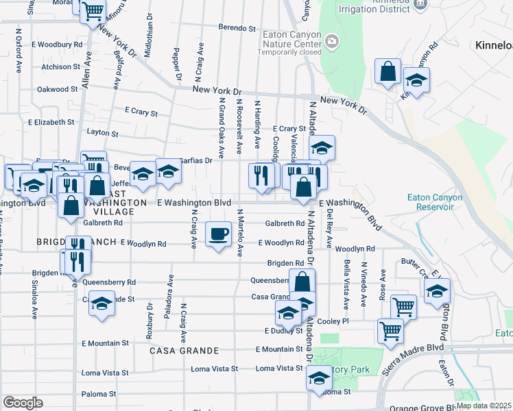 map of restaurants, bars, coffee shops, grocery stores, and more near 2331 Galbreth Road in Pasadena