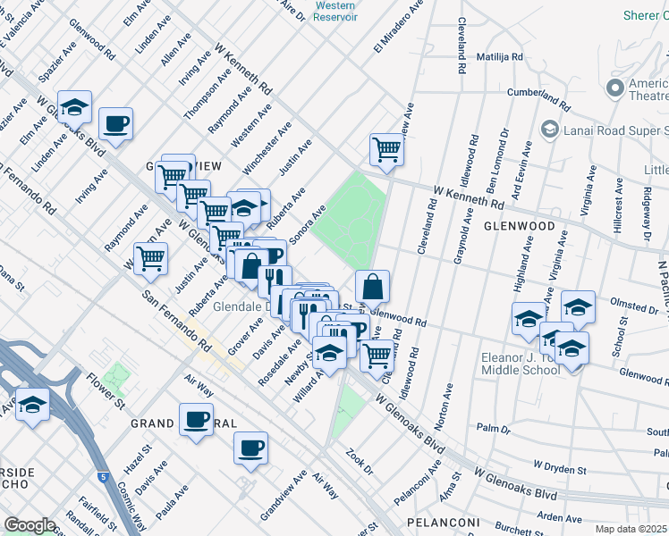 map of restaurants, bars, coffee shops, grocery stores, and more near 1335 5th Street in Glendale