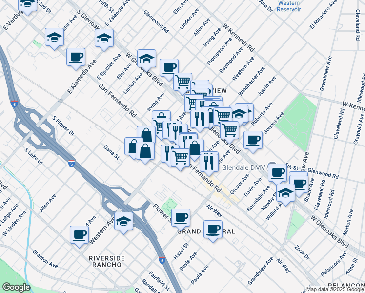 map of restaurants, bars, coffee shops, grocery stores, and more near 6534 San Fernando Road in Glendale