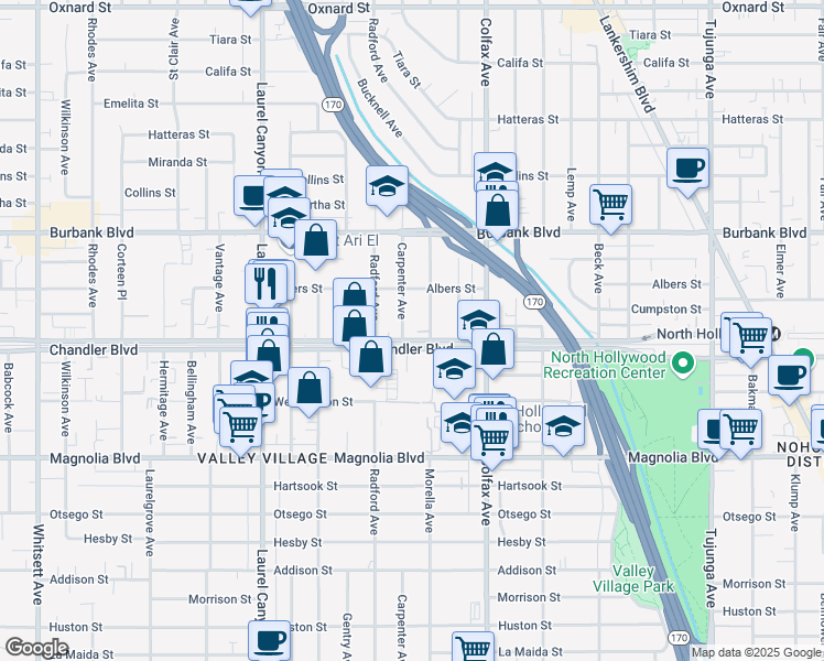 map of restaurants, bars, coffee shops, grocery stores, and more near 11829 Chandler Boulevard in Los Angeles