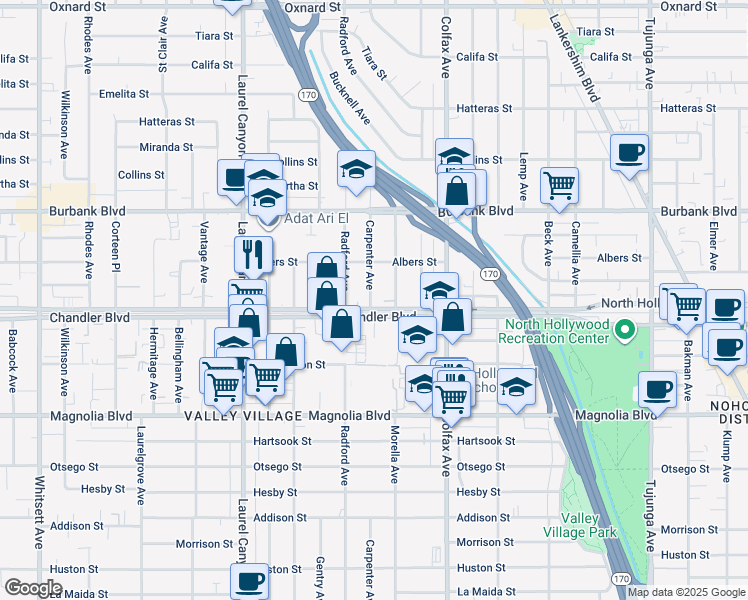 map of restaurants, bars, coffee shops, grocery stores, and more near 11829 Chandler Boulevard in Los Angeles