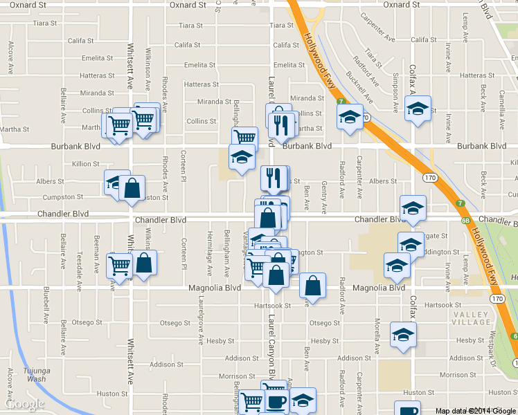 map of restaurants, bars, coffee shops, grocery stores, and more near 12151 Chandler Boulevard in Los Angeles