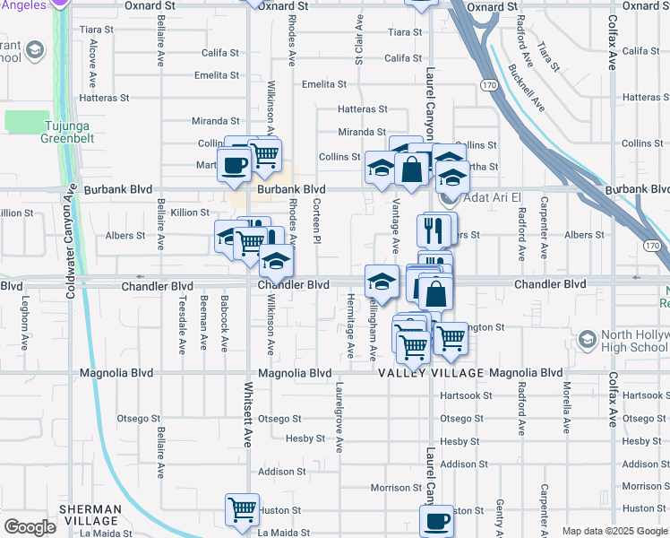 map of restaurants, bars, coffee shops, grocery stores, and more near 12310 Chandler Boulevard in Los Angeles
