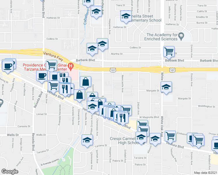 map of restaurants, bars, coffee shops, grocery stores, and more near 5354 Lindley Avenue in Los Angeles