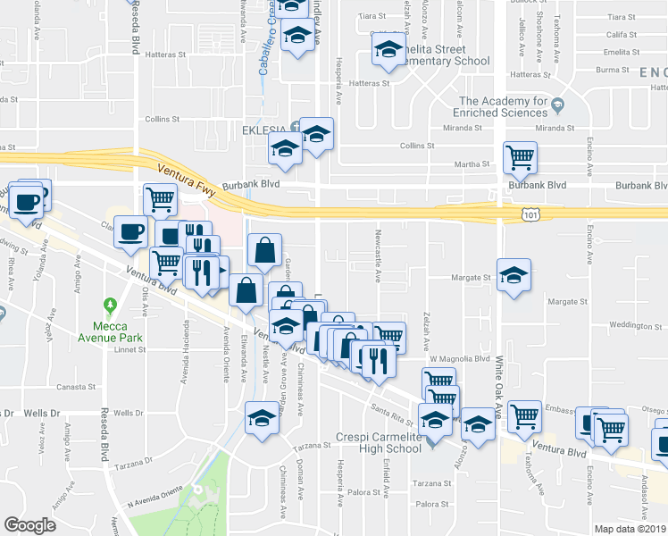 map of restaurants, bars, coffee shops, grocery stores, and more near 5354 Lindley Avenue in Los Angeles