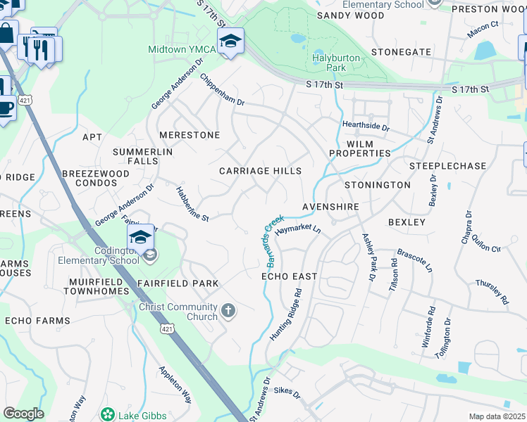 map of restaurants, bars, coffee shops, grocery stores, and more near 1015 Haymarket Lane in Wilmington