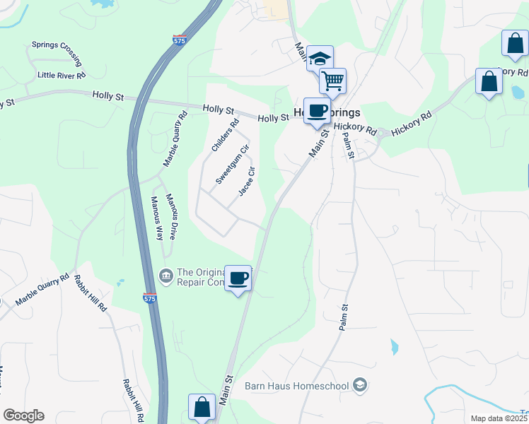 map of restaurants, bars, coffee shops, grocery stores, and more near 3132 Holly Springs Parkway in Canton