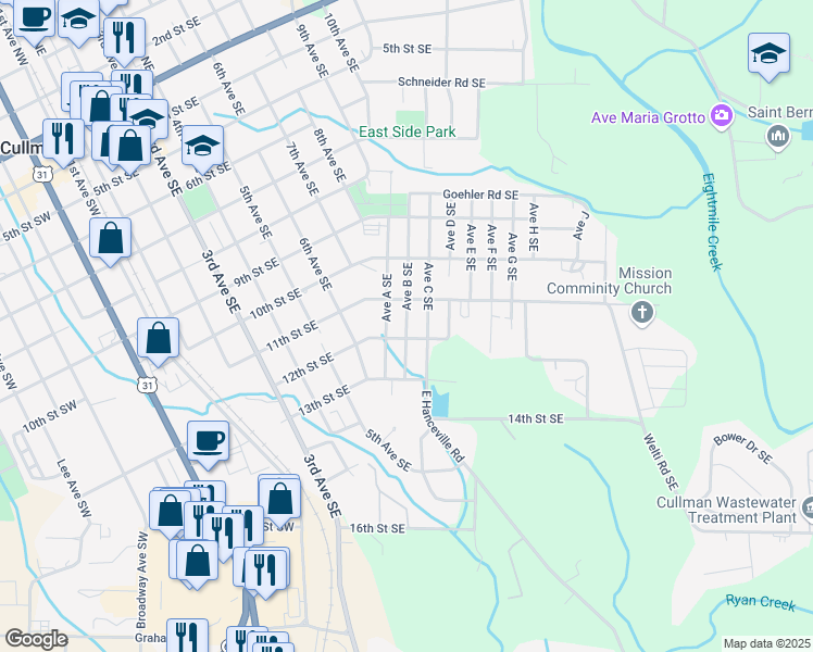 map of restaurants, bars, coffee shops, grocery stores, and more near 1318 12th Street Southeast in Cullman