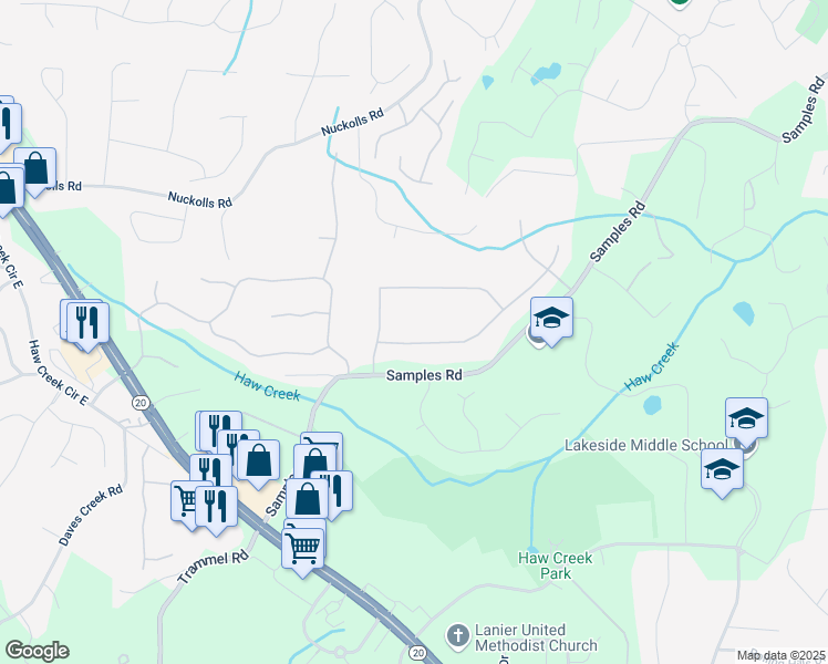 map of restaurants, bars, coffee shops, grocery stores, and more near 4135 Creekwood Drive in Cumming