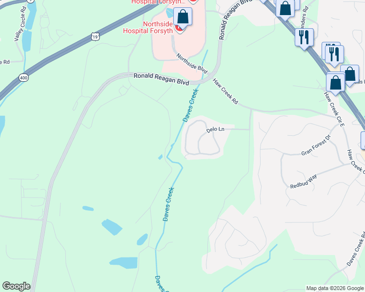 map of restaurants, bars, coffee shops, grocery stores, and more near 1485 Apple Blossom Drive in Cumming