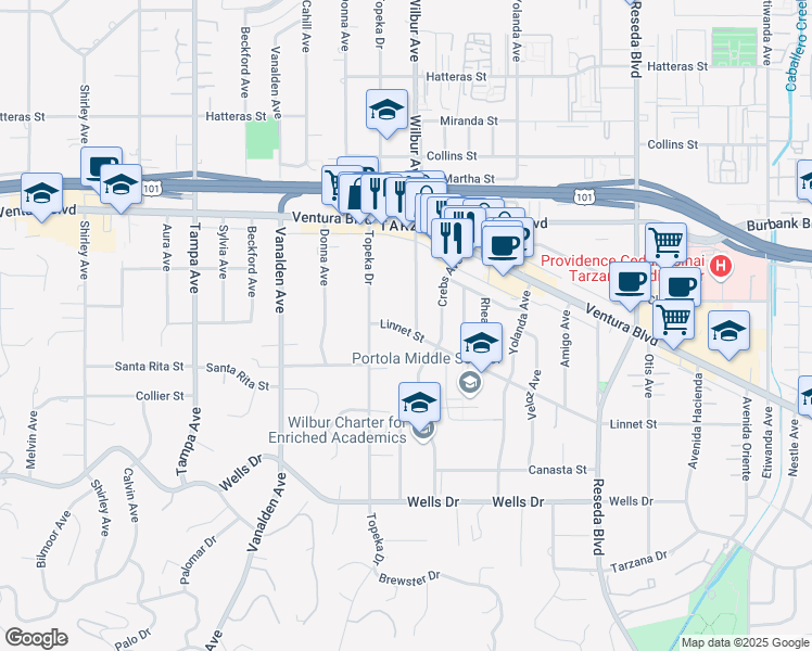 map of restaurants, bars, coffee shops, grocery stores, and more near 5407 Wilbur Avenue in Los Angeles